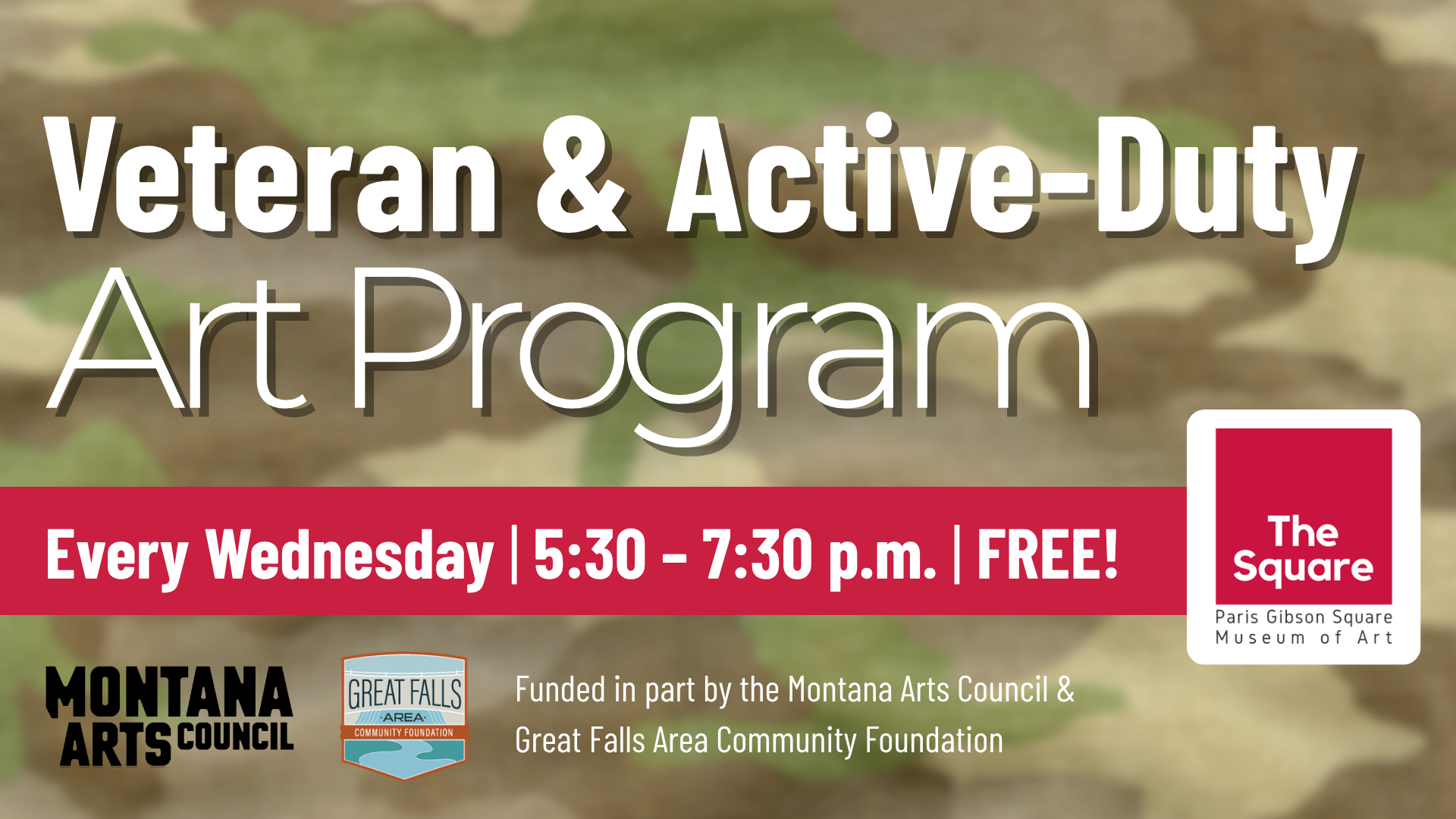 graphic with a green camouflage background with information about the dates and times of the veteran and active-duty art program