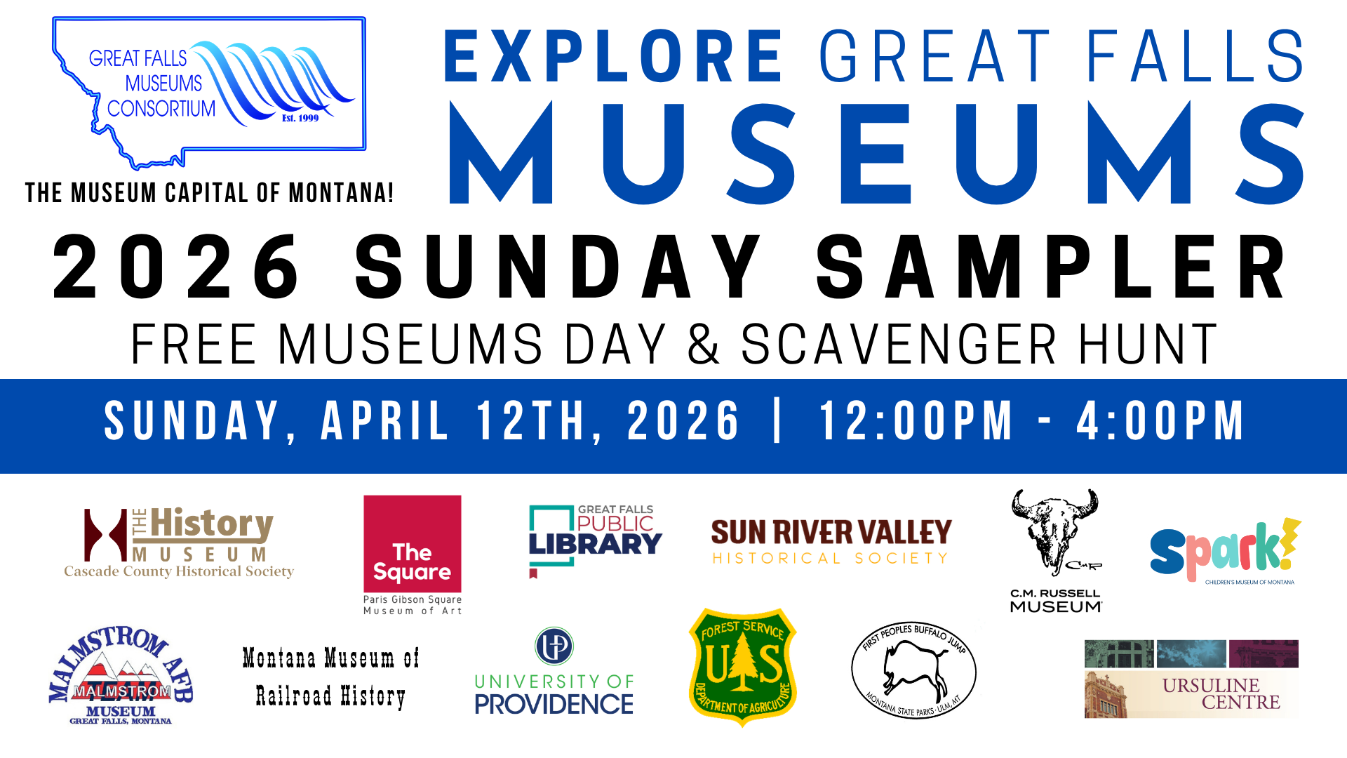 a graphic advertising the museums sunday sampler. Featuring logos for 12 museums in Great Falls.