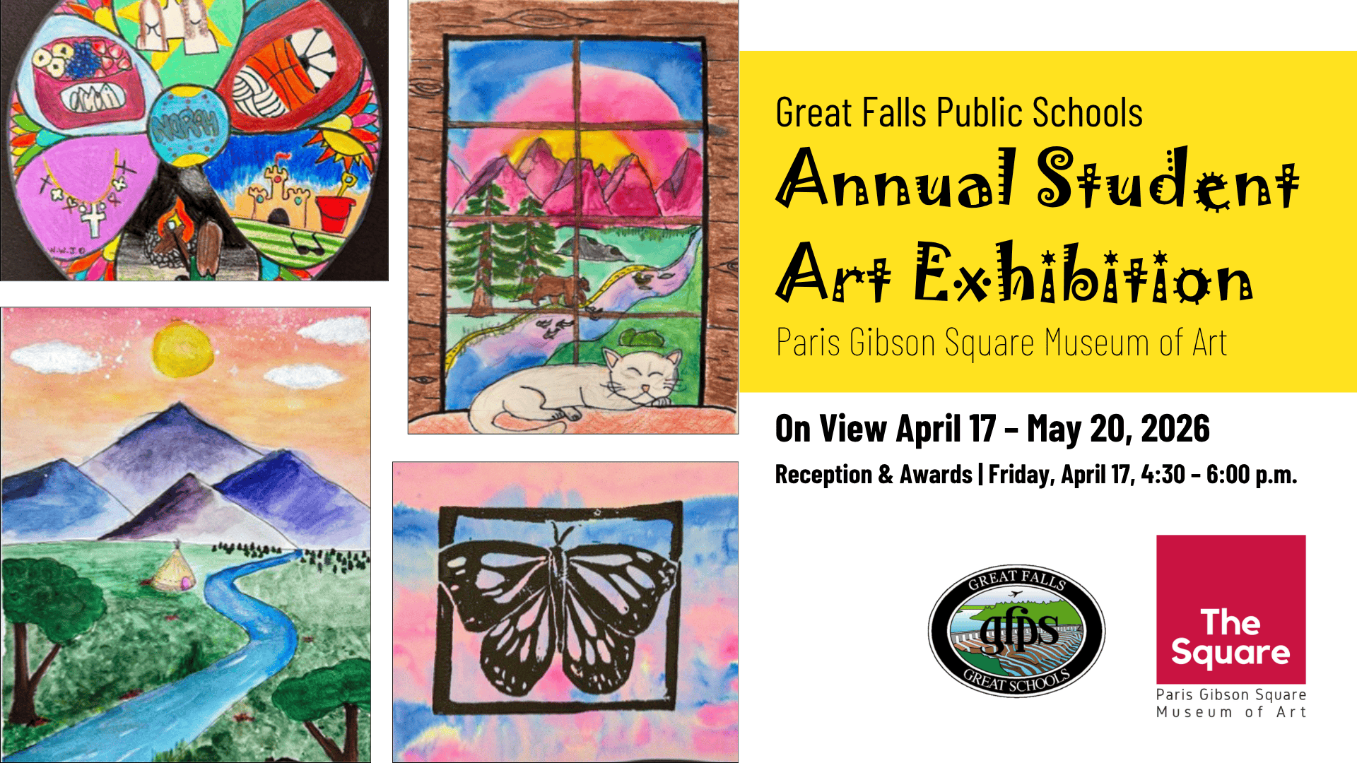 graphic advertising the great falls public schools show. image features pink and black print of butterfly, a watercolor mountain with river, watercolor painting of a cat on a windowsill, and painting featuring hobbies like basketball and camping.