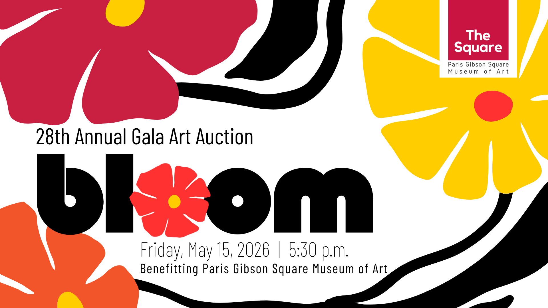 graphic with red, orange, and yellow flowers advertising the 28th annual gala art auction on May 15, 2026.
