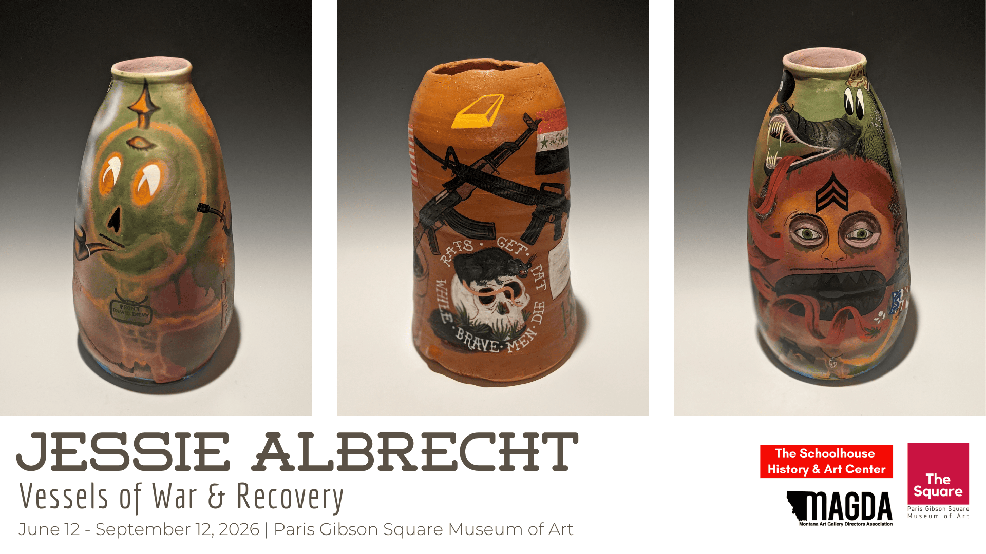 graphic with three photos of ceramic vases with skulls and guns on them