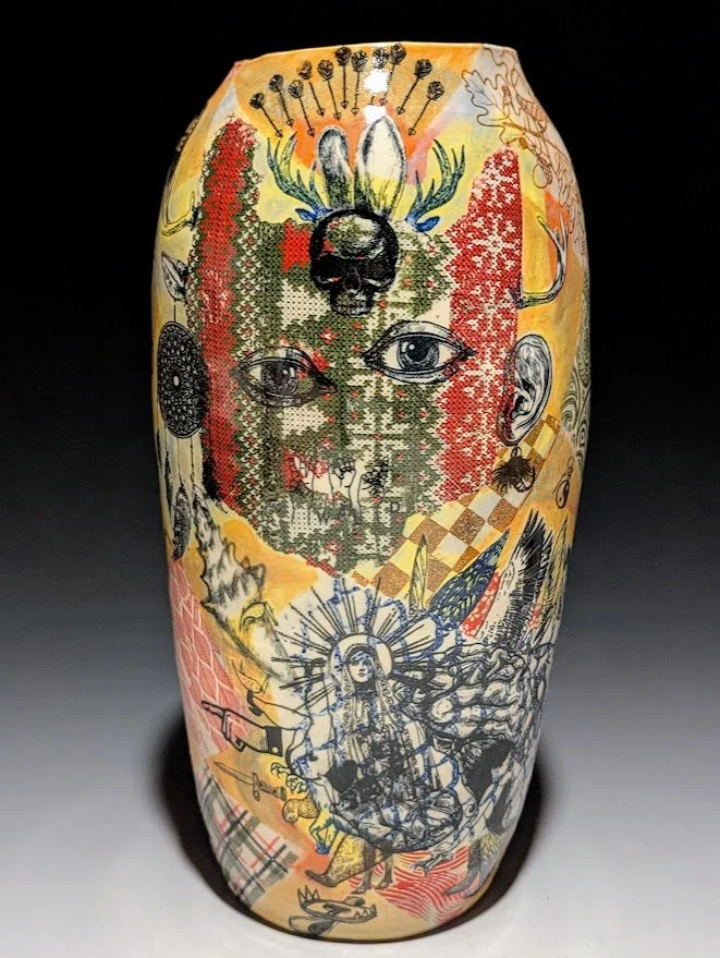 LOT 14 | Jesse Albrecht
Azimuth Check
2024
wheel-thrown ceramic, underglaze decals, underglaze, glaze
Estimate: $1500 – $2500
100% donation from the artist