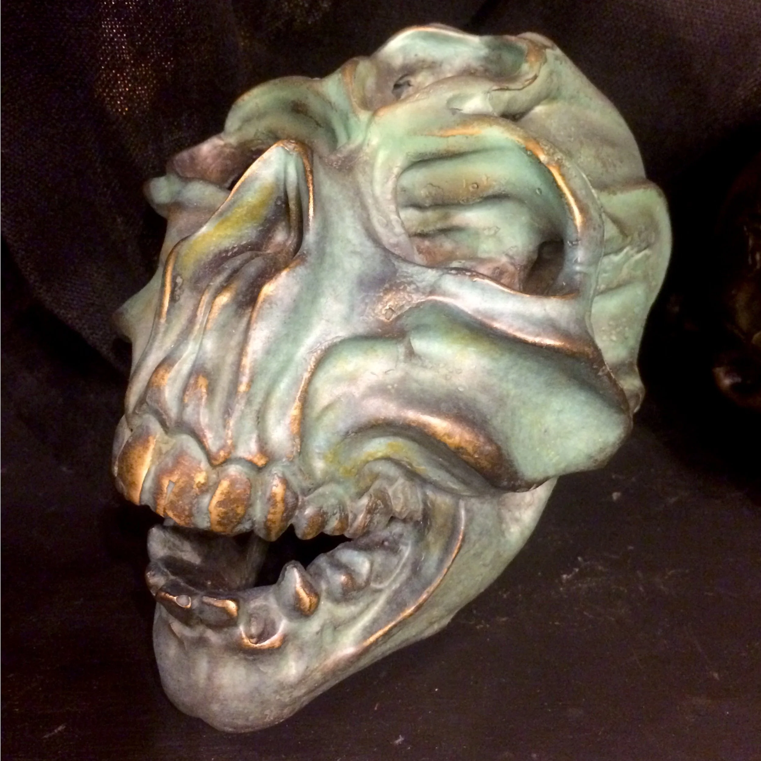 "Human/Primate Skull w/ Third Eye in Green”
Cast Iron
6” x 5” x 4.5”