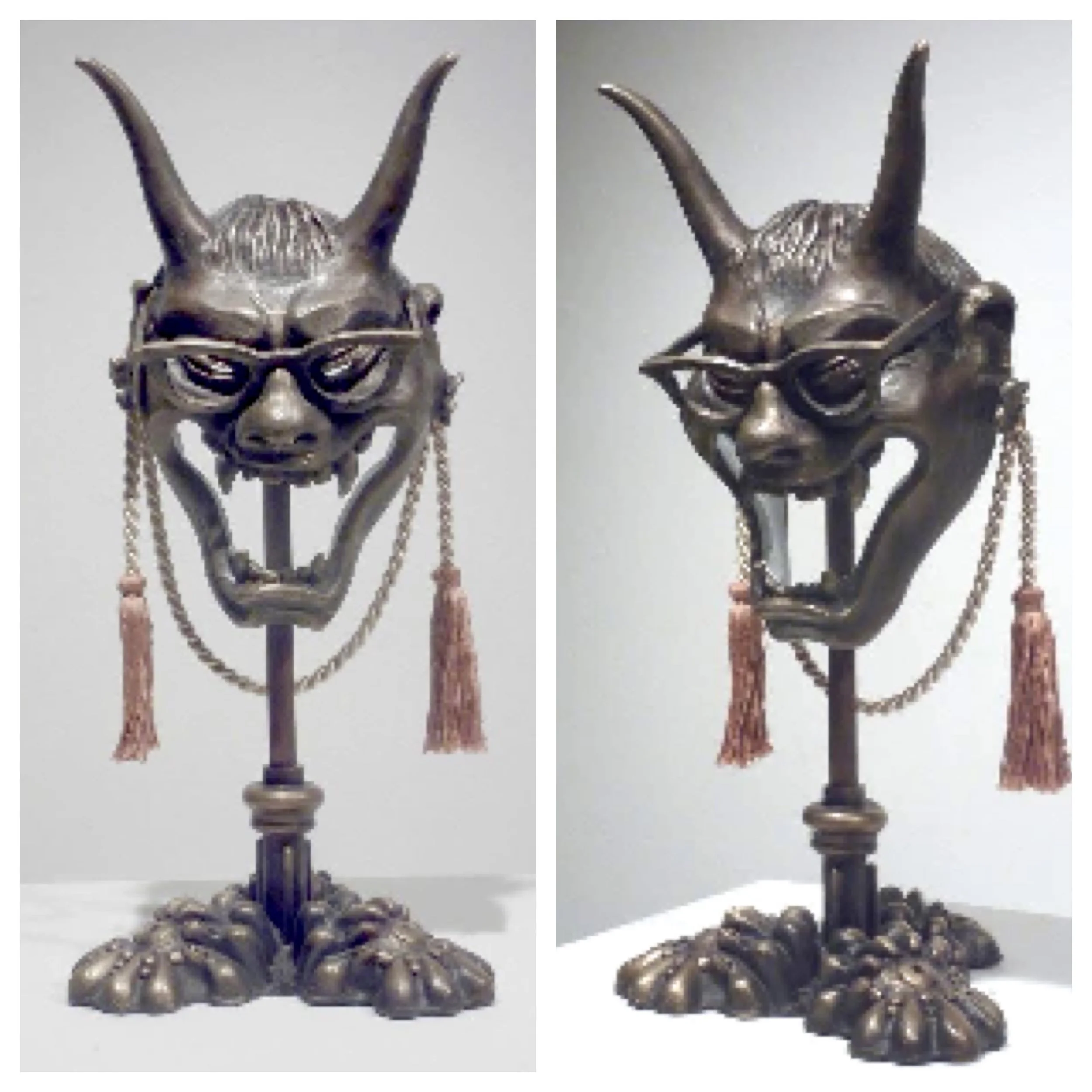 "Noble Woman Hannya (with stand)"
Cast Bronze, Copper Pipe, Satin Cord, Enamel
10" x 10" x 20"