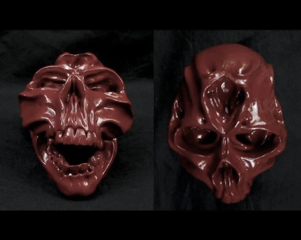 "Three-Eyed Monkey Man Skull"
(Front and top views)
Polymer Clay & Enamel
6” x 5” x 4.5”