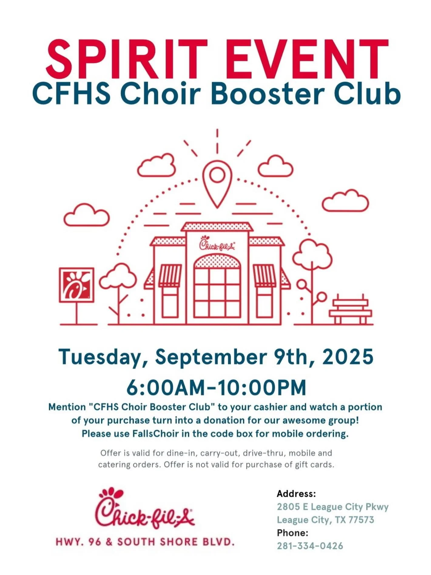 Support KnightSong Choir AND have delicious Chic Fil A? Win-Win! If ordering from their app, use code &ldquo;FALLSCHOIR&rdquo;!