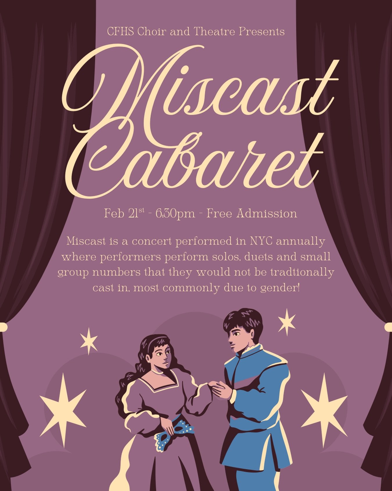Join us for our first annual Miscast Cabaret! This concert selection includes songs that are traditionally sung by the opposite gender and will include some of your favorites! Auditions are on February 9th- we hope to see you there! #miscast