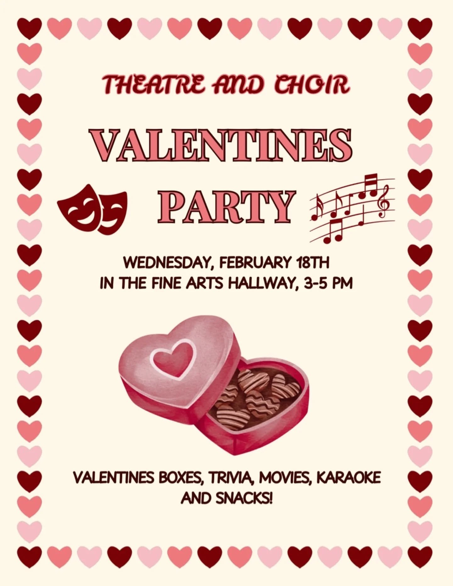 Wednesday!!! Come celebrate Valentine's with us and our theatre friends! Bring your own V-Day bag or box, and some candy to share, and join us for other fun activities like rom-com trivia, movies, and more!