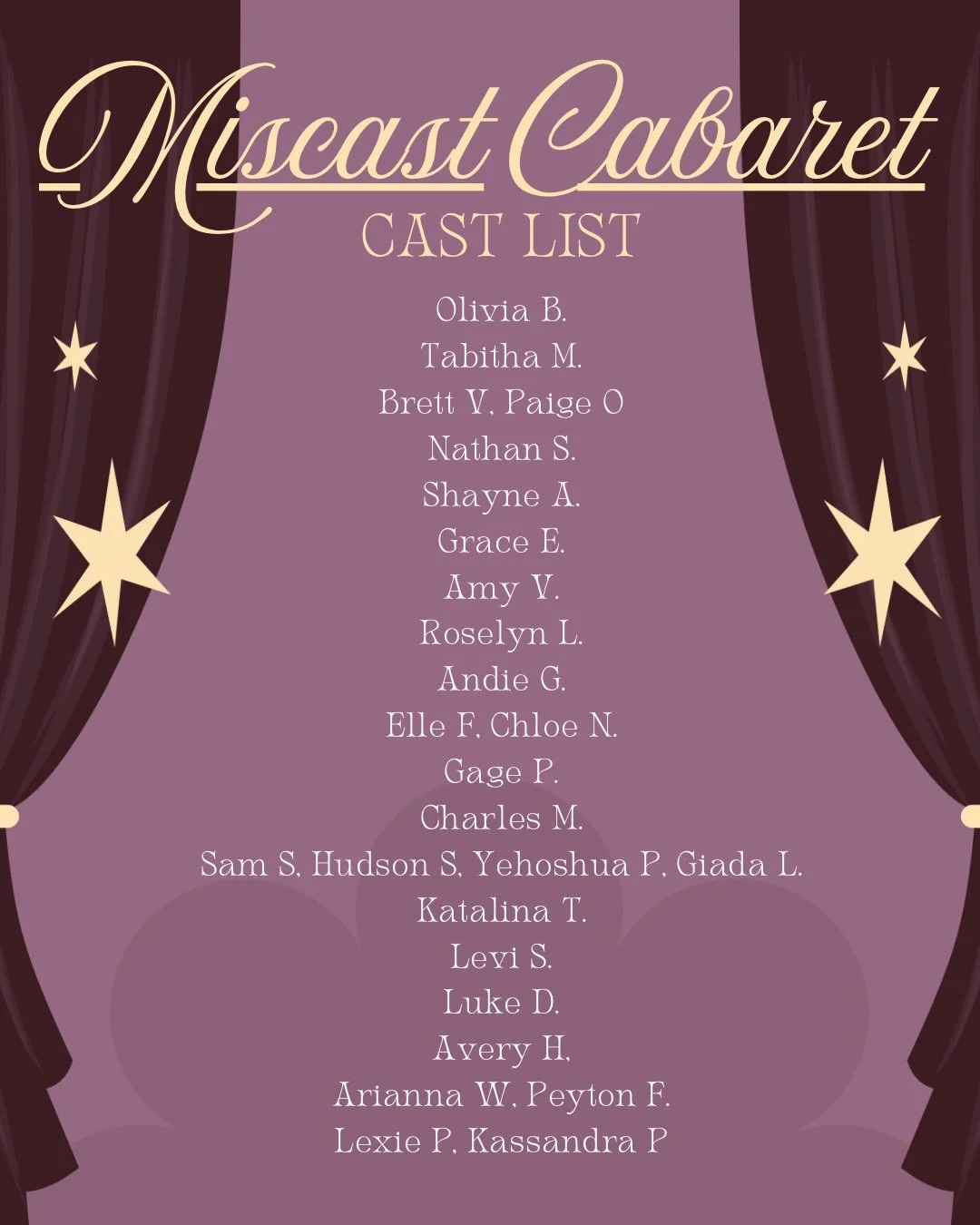 Congratulations to our cast for our first annual MISCAST! Please join the BAND by Monday, 2/16, to accept your act!