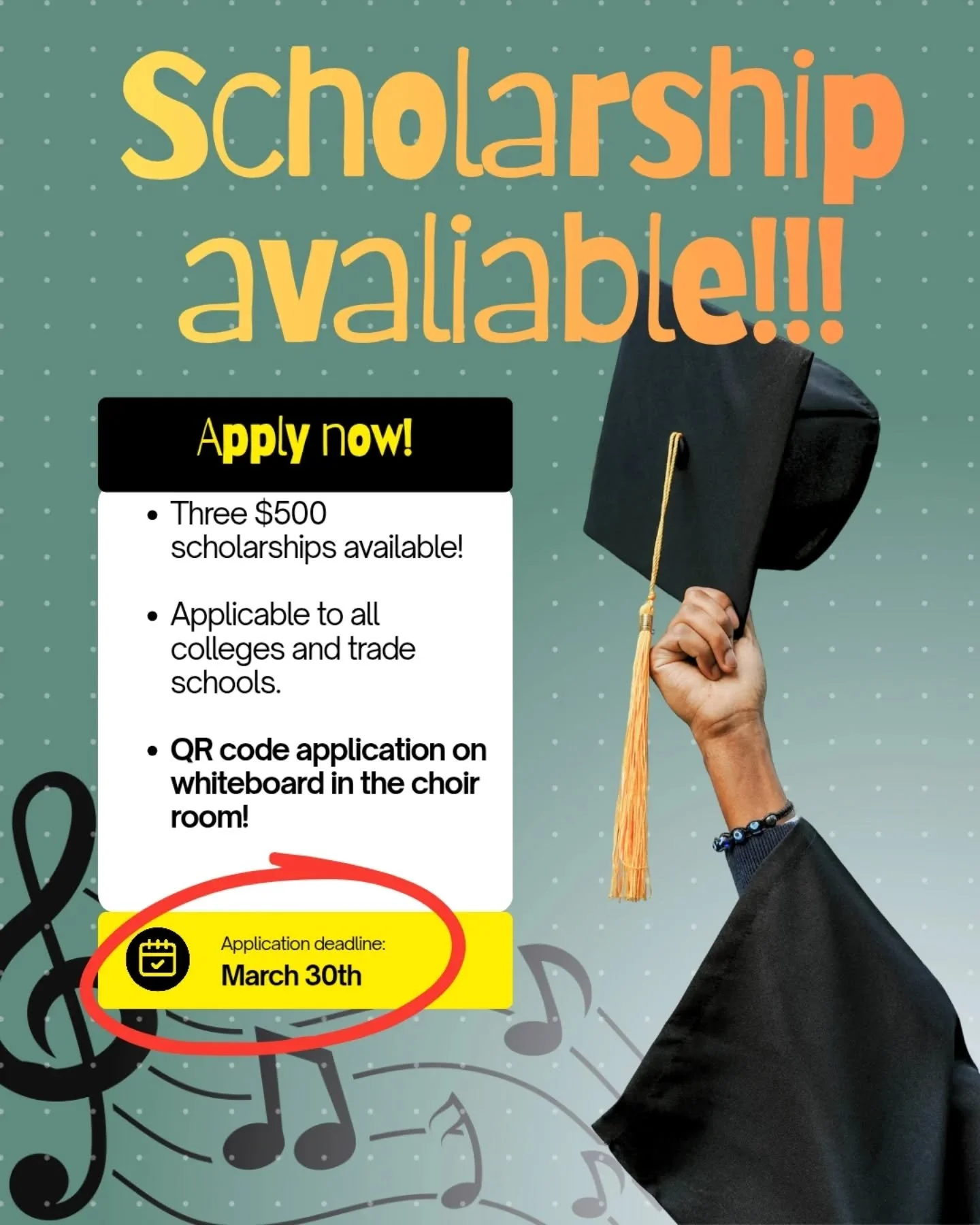 📣📣SENIORS!!! Graduation is close, and college is too! Our boosters are offering a few scholarships (choir students only, please!), so make sure you apply! Deadline is March 30th!