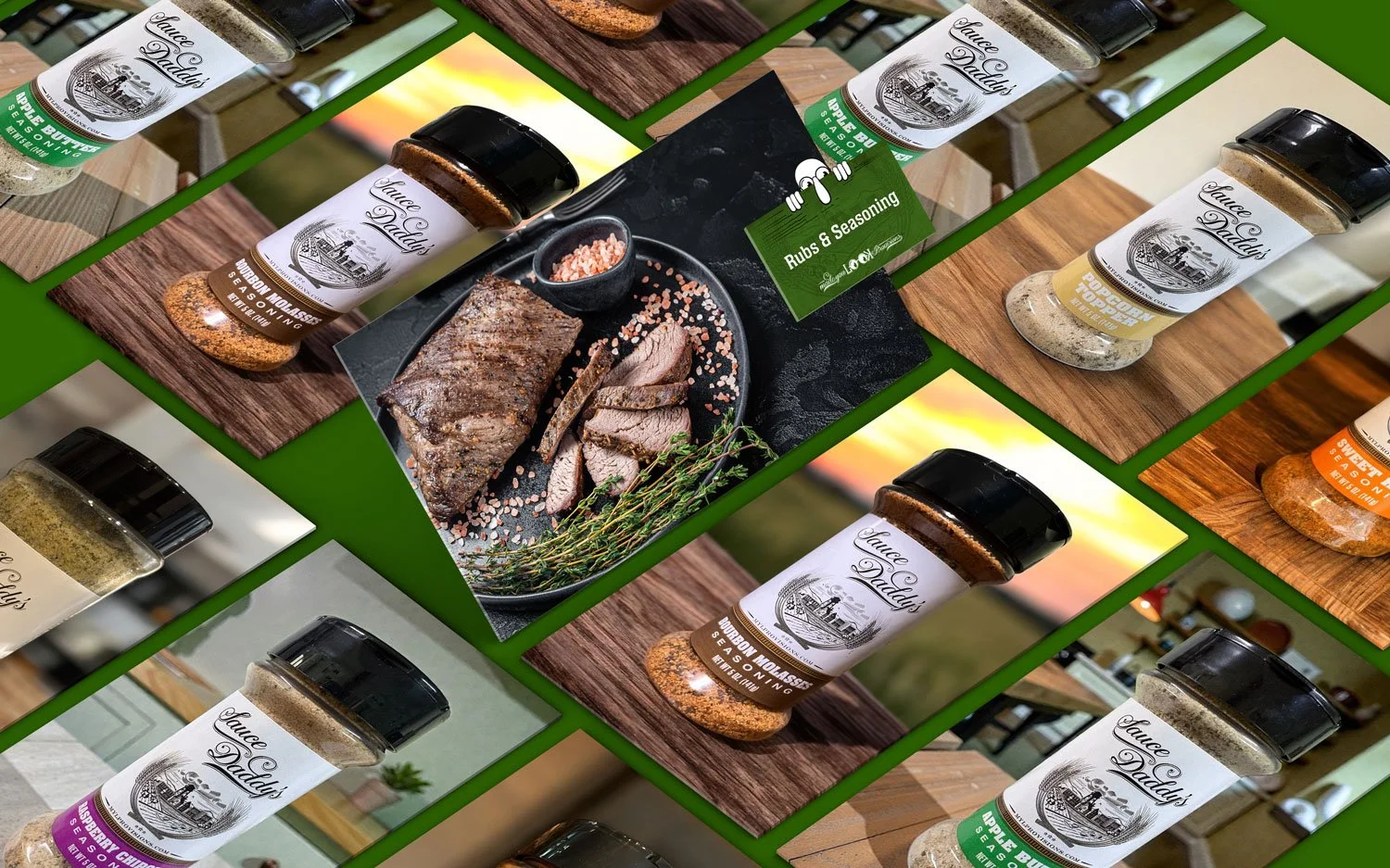 Variety of spice bottles labeled "Sauce Daddy's" on a textured background, featuring "Anything Gourmet Rub" and "Sweet Heat Seasoning." Central image shows sliced, cooked meat on a black plate with pink salt and thyme sprigs. Text reads "Rubs & Seasoning."