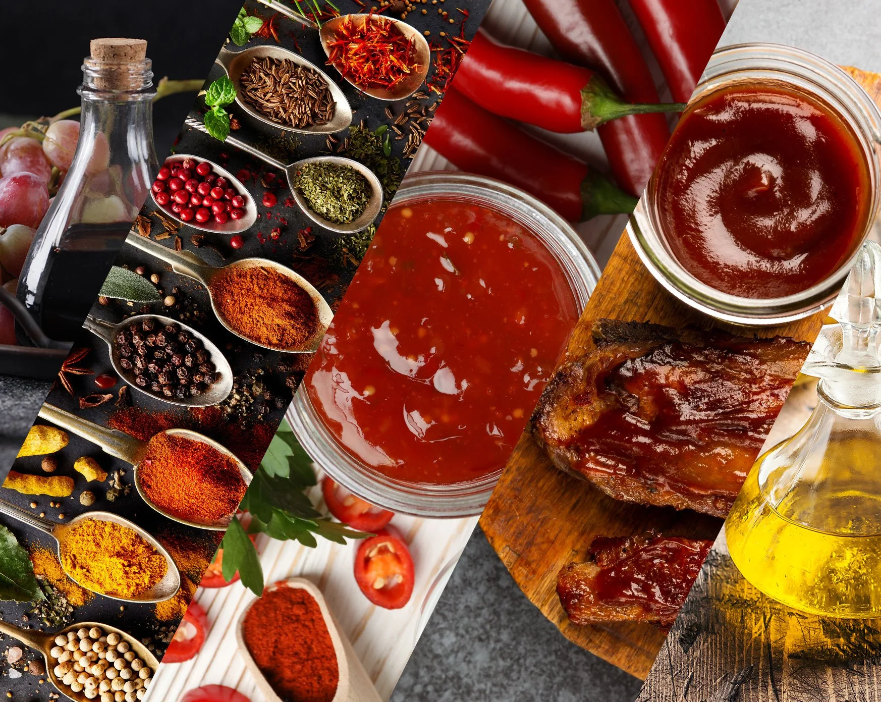 A collage of various food ingredients and condiments, including spices, fresh herbs, hot sauce, barbecue sauce, and cooking oils.