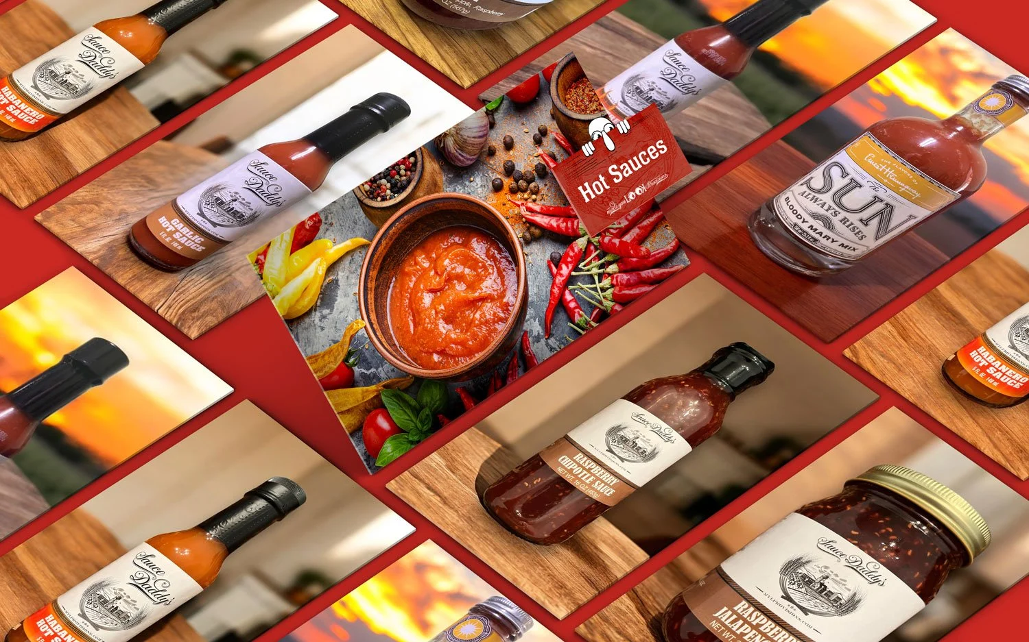 Assorted hot sauces and condiments on a red background with wood shavings, featuring colorful peppers, spices, and a bowl of sauce in the center. Labeled bottles and a jar include flavors like jalapeño, raspberry jalapeño jam, and cayenne.