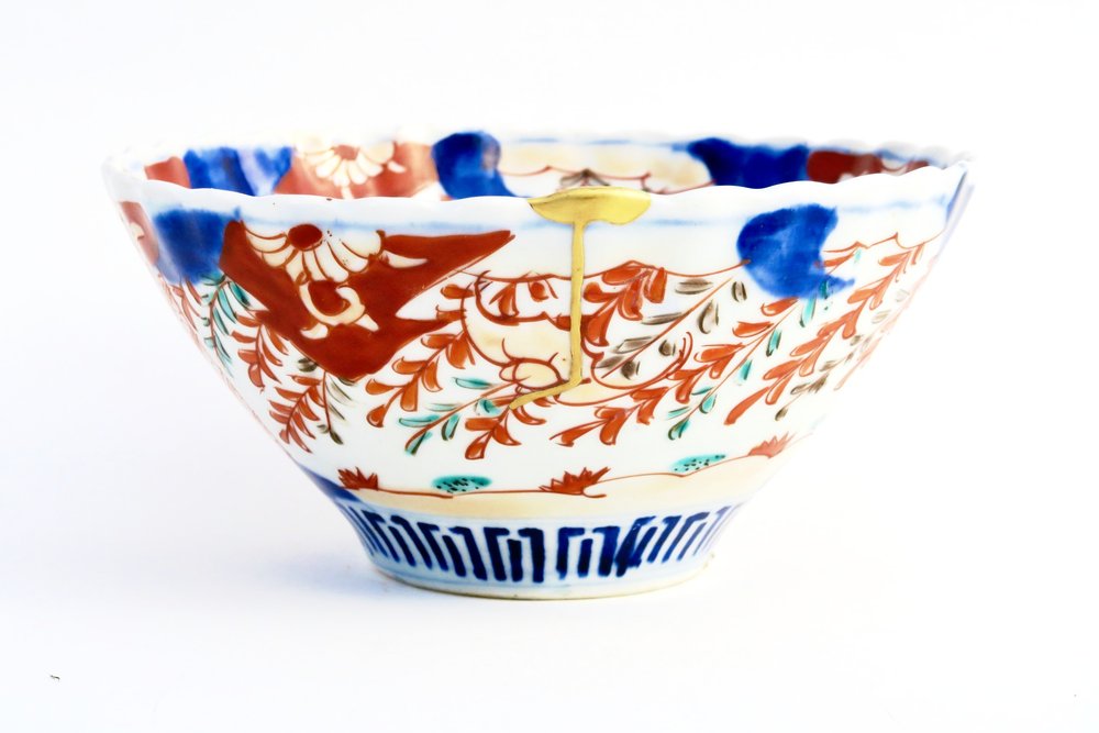 Antique Japanese Ceramic Bowl 22k Gold Kintsugi Repair — Puro