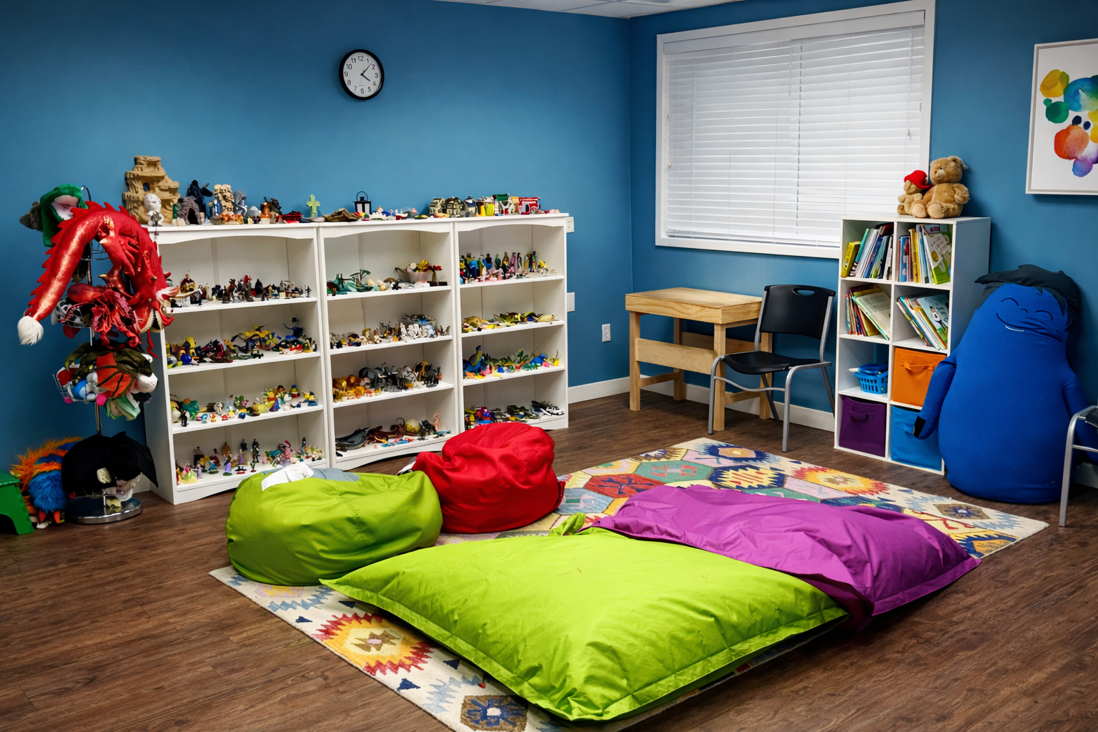 Play therapy room at Wasatch Family Therapy with therapeutic toys, books, and play materials that help children express emotions, develop coping skills, and strengthen emotional regulation.