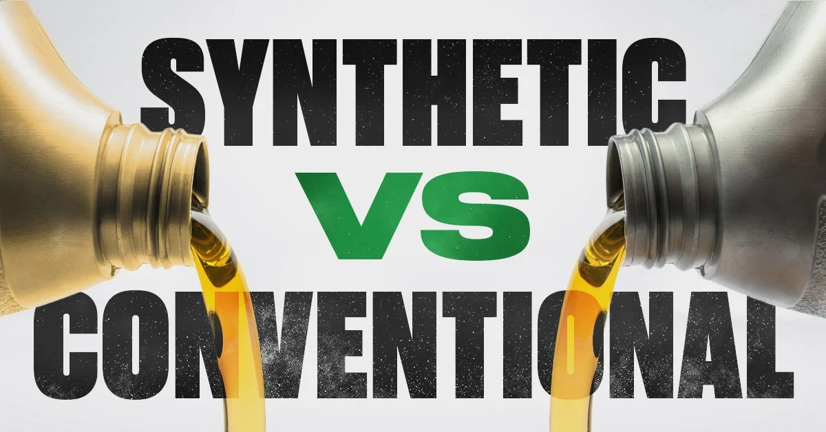 two types of motor oil pour out, with the words “synthetic vs conventional”