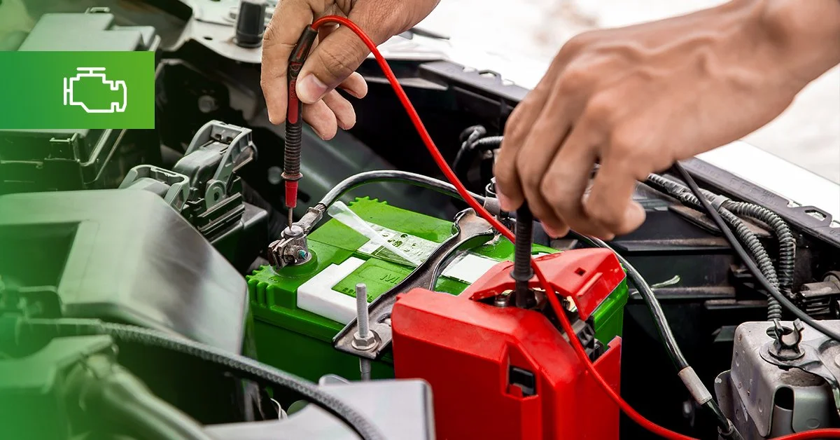 Auto mechanic testing car battery.