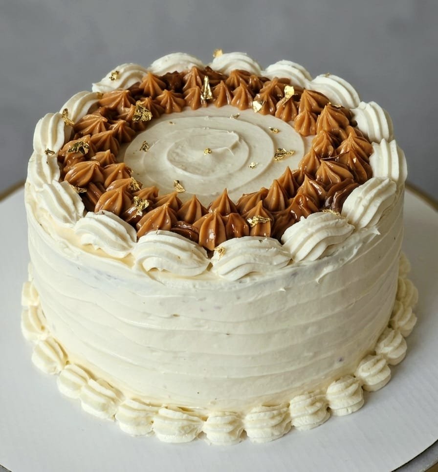 Decorated birthday cake with white icing, caramel-colored swirl topping in the center, and a circle of white and caramel frosting around the top edge, garnished with small gold leaf accents.