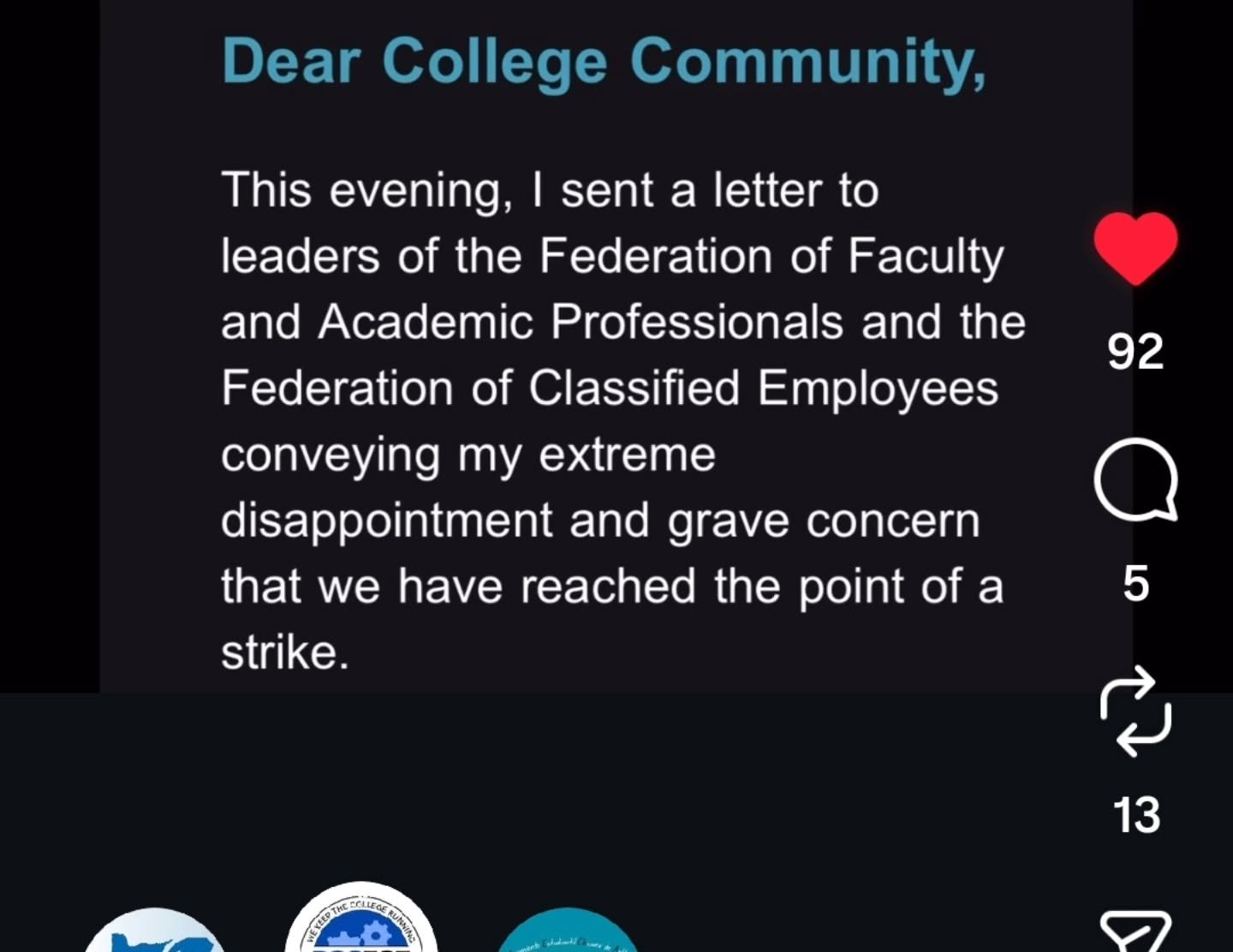 Oh no, Dr. B, the *extreme* disappointment and *grave* concern is all ours. 
.
The drama 🙄 #faircolanow #pccisonstrike #historicstrike
.
@_pccffap_ @savemsa.pcc @pccfce
