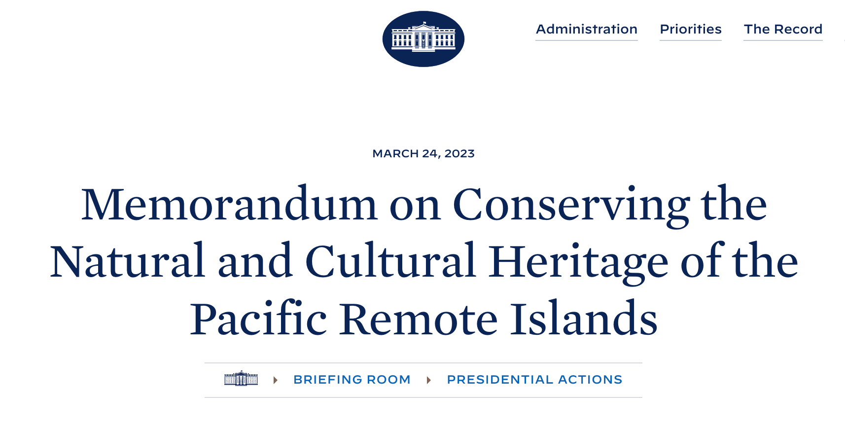 Memorandum on Conserving the Natural and Cultural Heritage of the Pacific Remote Islands