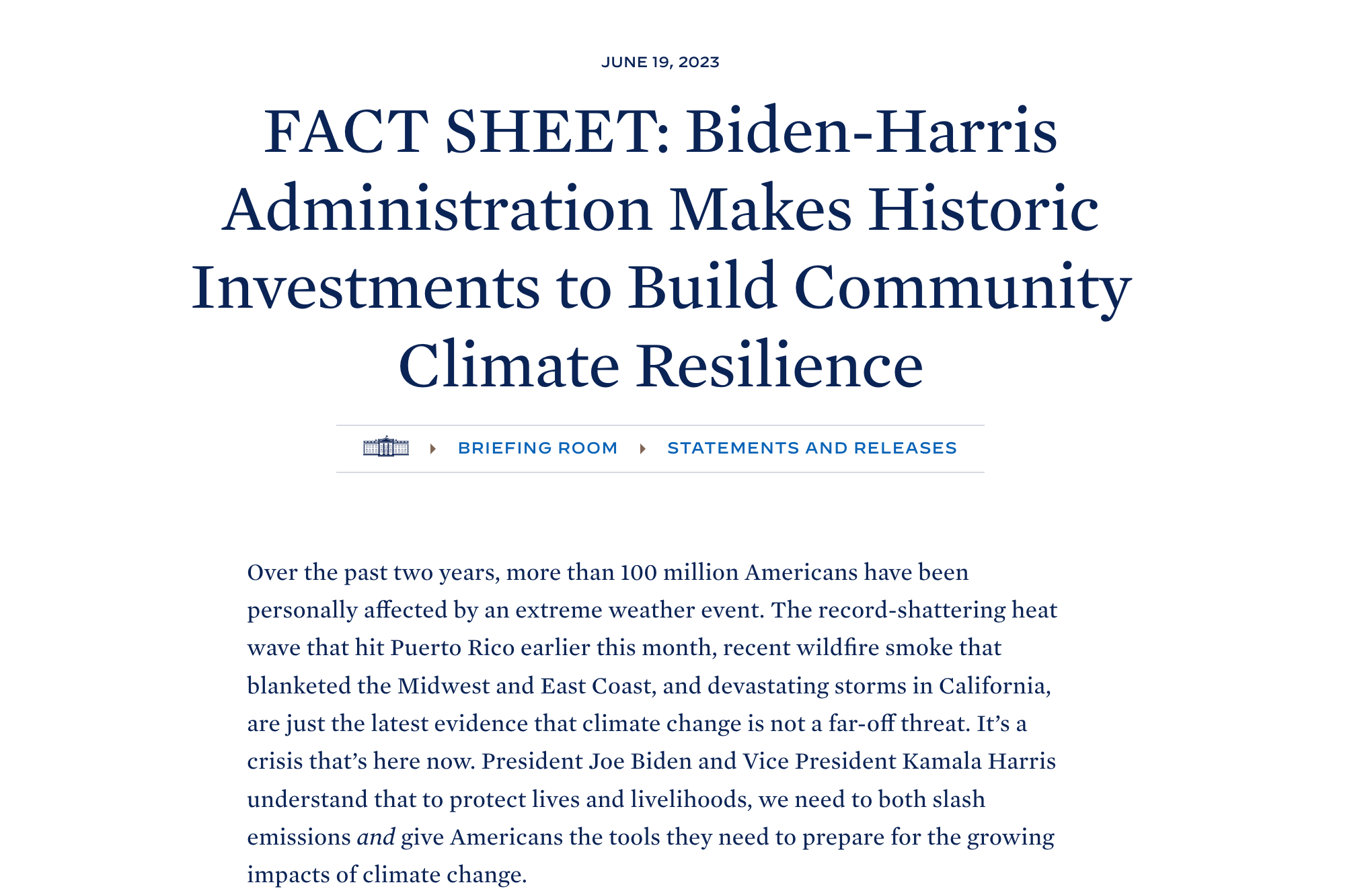 FACT SHEET: Biden-⁠Harris Administration Makes Historic Investments to Build Community Climate&nbsp;Resilience
