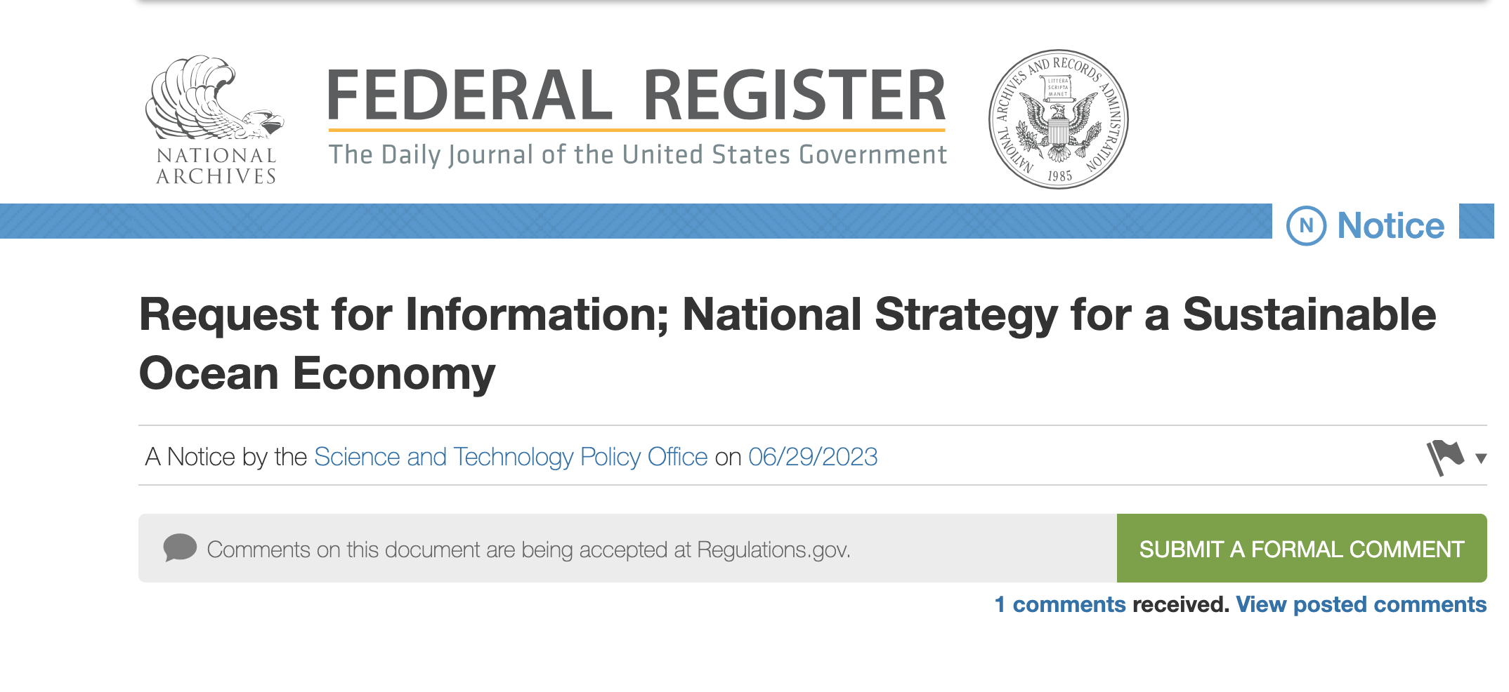 Request for Information: National Strategy for a Sustainable Ocean Economy