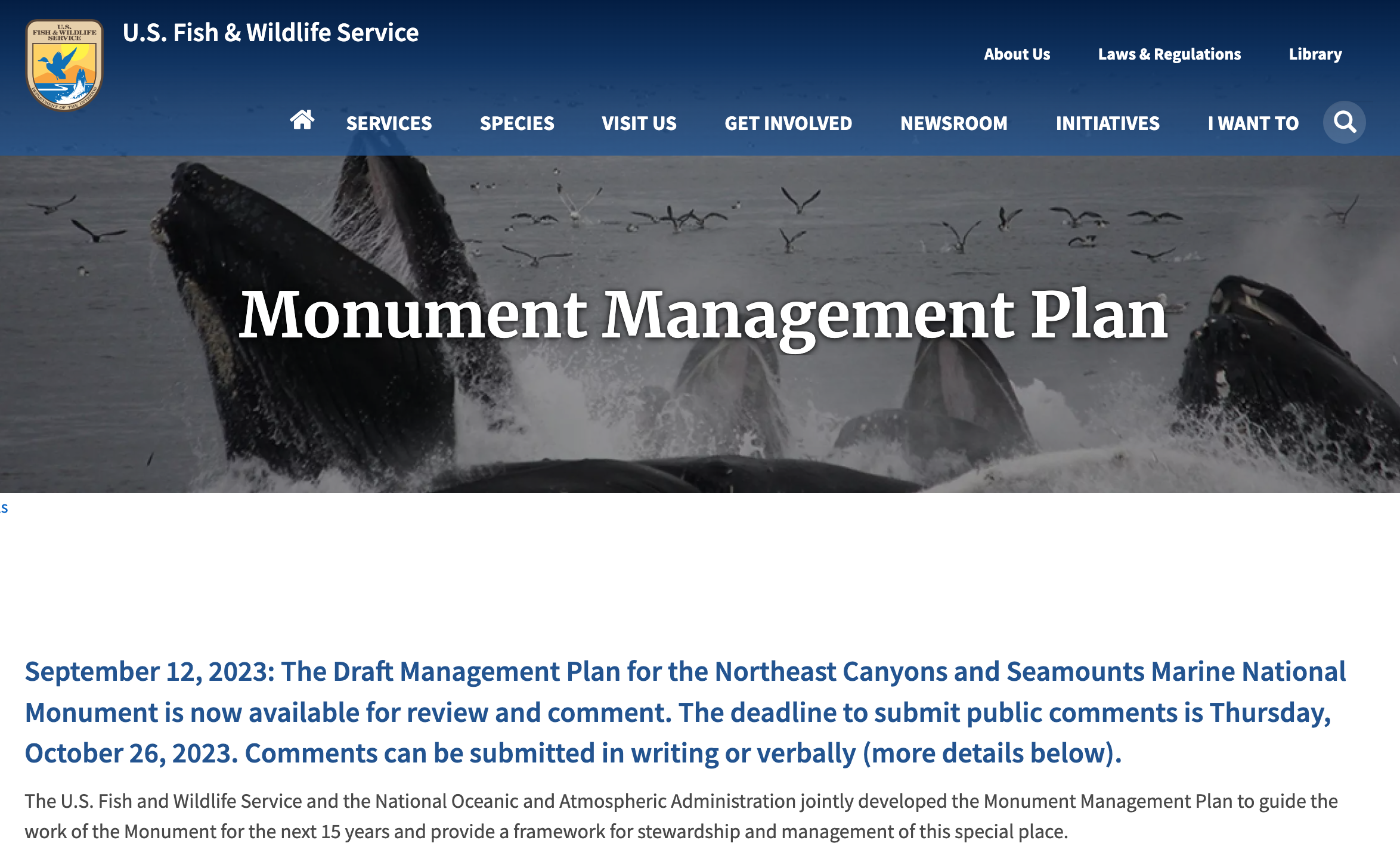 U.S. Fish and Wildlife Service and NOAA Release Northeast Canyons and Seamounts Marine National Monument Draft Management Plan