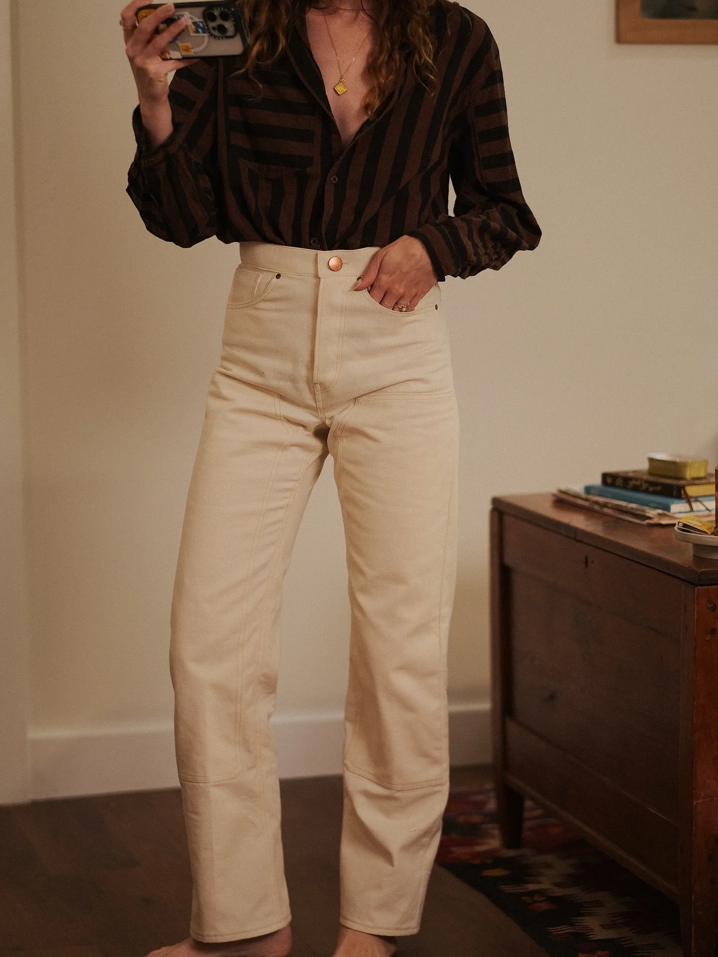 y&rsquo;all ever take 2 years to finish a pair of pants because of a move, a poor fit, an entire day of crotch adjustments and still not love them? just me?

I did have fun adding a little phone pocket and double knee fronts! The fabric is secondhand