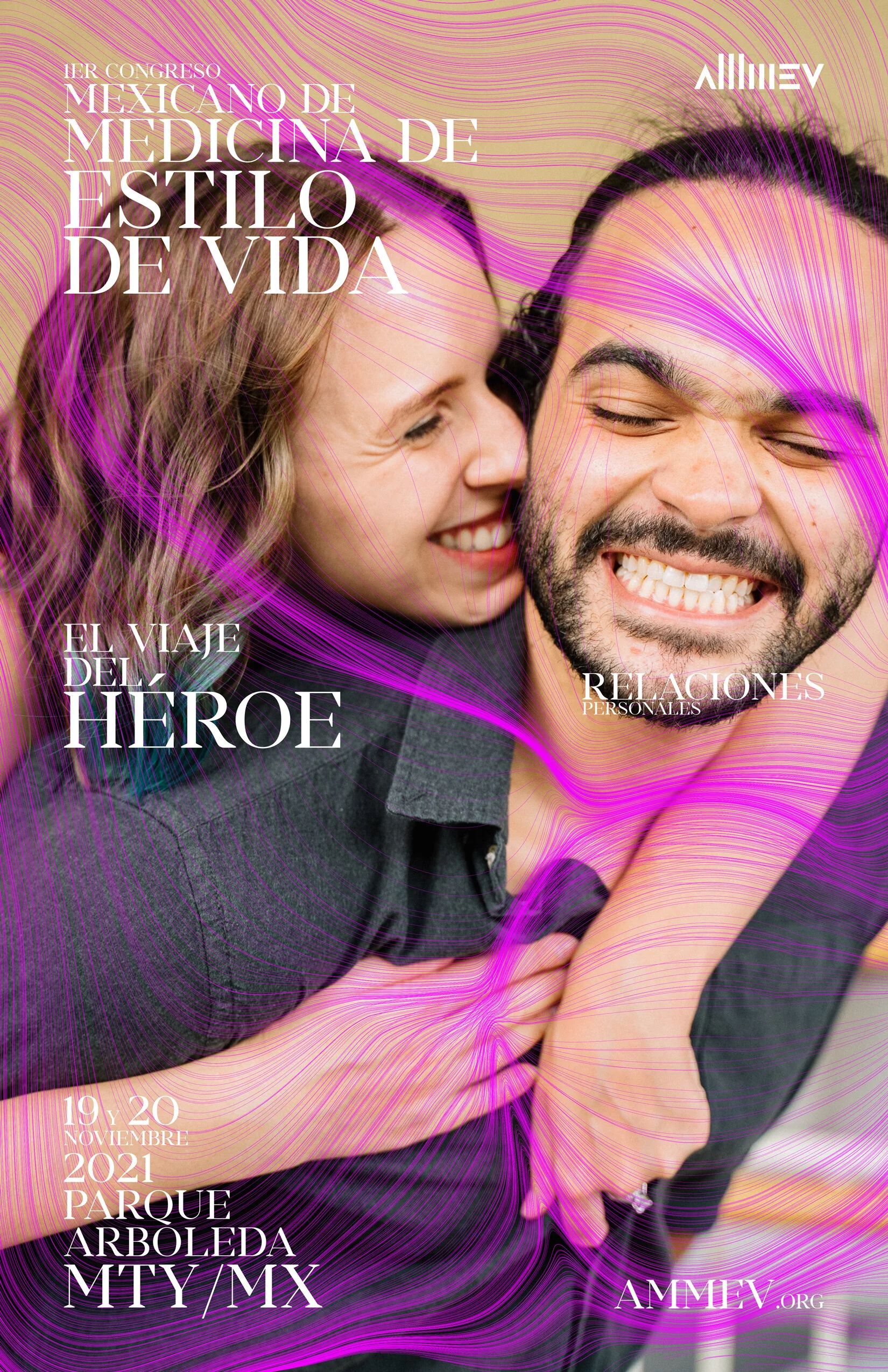Onda colorida en tonos morados y rosados sobre una pareja sonriente que se abraza. Texto en español sobre un congreso de medicina de estilo de vida en la Ciudad de México en noviembre de 2021.