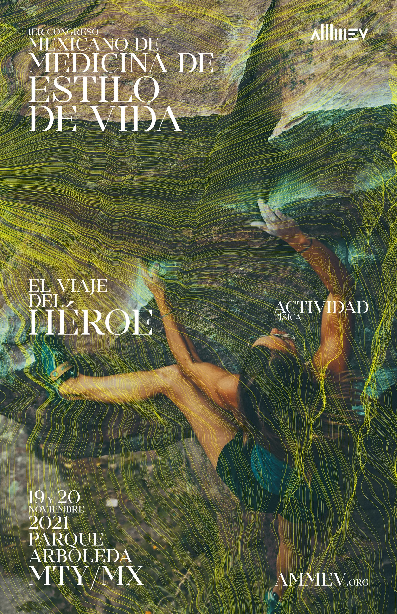 Póster promocional del Primer Congreso Mexicano de Medicina de Estilo de Vida con fondo de naturaleza y una persona en actividad física, destacando el evento del 19 y 20 de noviembre de 2021 en Parque Arboleda, Ciudad de México.