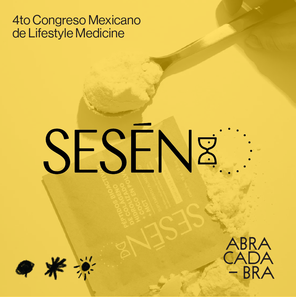 Cartel del 4º Congreso Mexicano de Lifestyle Medicine, con fondo amarillo, que muestra una mano abriendo una caja de semillas o suplementos, texto en español y logotipo con símbolo de reloj y ADN.