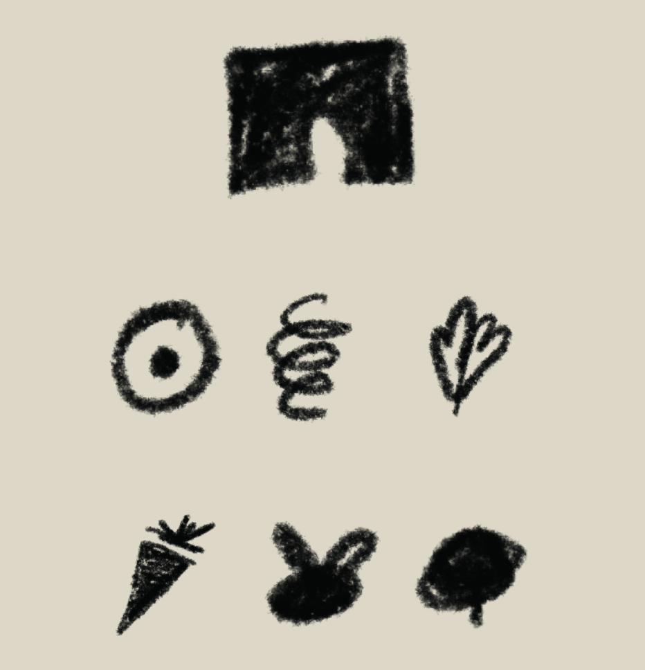 Dibujo en negro de forma cuadrada en la parte superior, seguido de siete símbolos debajo: un círculo con un punto en el centro, espiral, corazón, una zanahoria, un conejito y una cabeza de animal redonda.