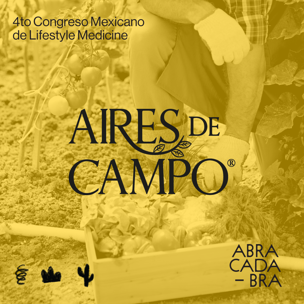 Imagen de un huerto con tomates y verduras, y una persona cosechando. Texto sobre la imagen promocionando el 4to Congreso Mexicano de Lifestyle Medicine en Aires de Campo, con el lema 'Abra cada - BRA'.