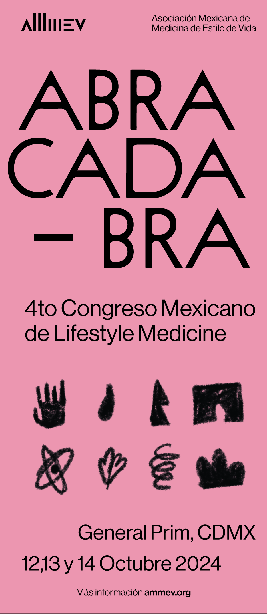 Cartel rosa promocionando el  Congreso Mexicano de Medicina de Estilo de Vida, con logotipos y símbolos diversos, en Ciudad de México,