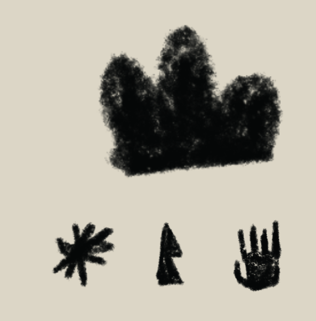 Dibujo con una corona en la parte superior, una estrella o asterisco a la izquierda, una flecha en el centro, y una mano con cinco dedos a la derecha.