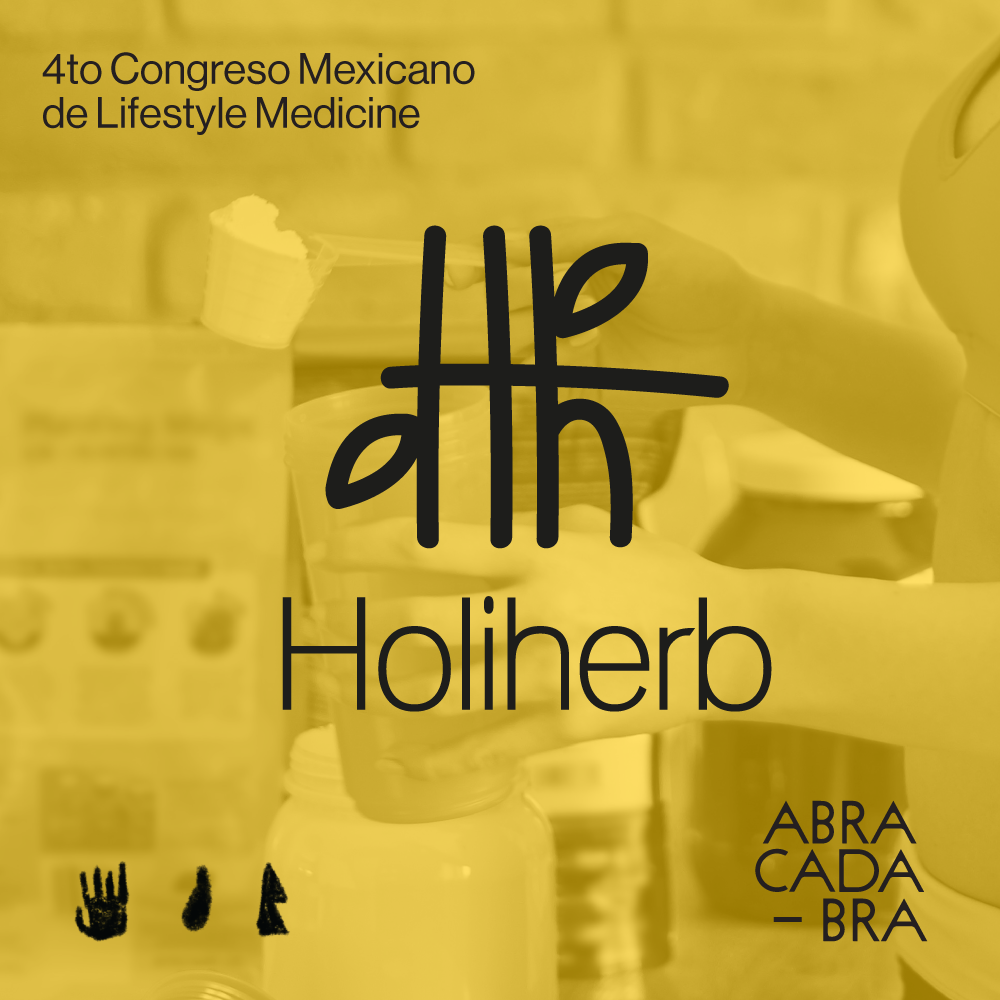 Imagen amarilla con texto que anuncia el 4to Congreso Mexicano de Lifestyle Medicine, el logo de HOLIHERB en el centro, y en la esquina inferior derecha el texto Abra Cada-Bra. Imagen de fondo difusa con productos en una mesa.