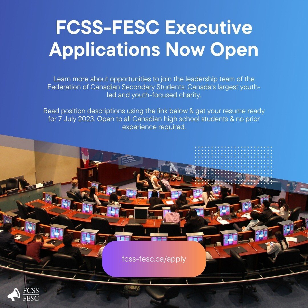 We are excited to announce that FCSS-FESC executive applications are now open!!🤩⁠
⁠
Apply to join a team of like-minded student leaders working to improve the state of high school education across Canada. 📚⁠
⁠
Vacant positions are available in all 