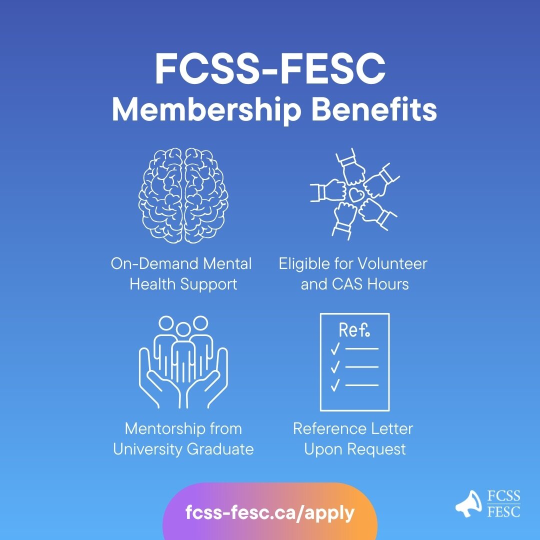 Joining the FCSS-FESC has benefits! 🌟⁠
⁠
When you become a member of our executive team, you get access to on-demand mental health support from counsellors &amp; therapists and a network of university graduates. 🏫⁠
⁠
Members are also eligible for v