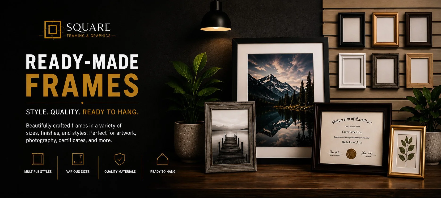 Advertisement for ready-made picture frames featuring a display of various frame styles around a set of framed artwork and photographs on a wooden surface, with potted plants and a textured wooden and black wall background.