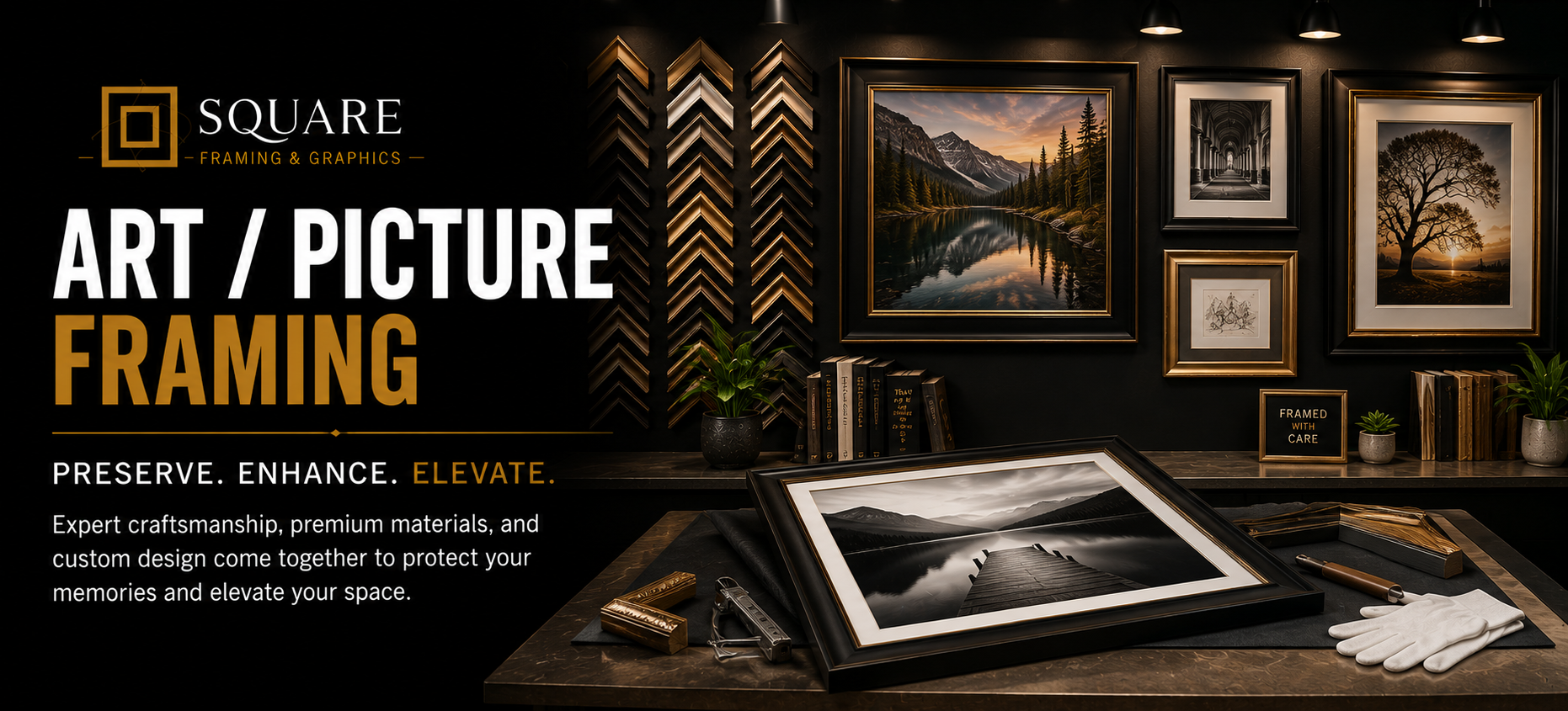 An interior display of art framing options with framed landscape and nature photographs, sample artwork, and framing supplies on a dark background.