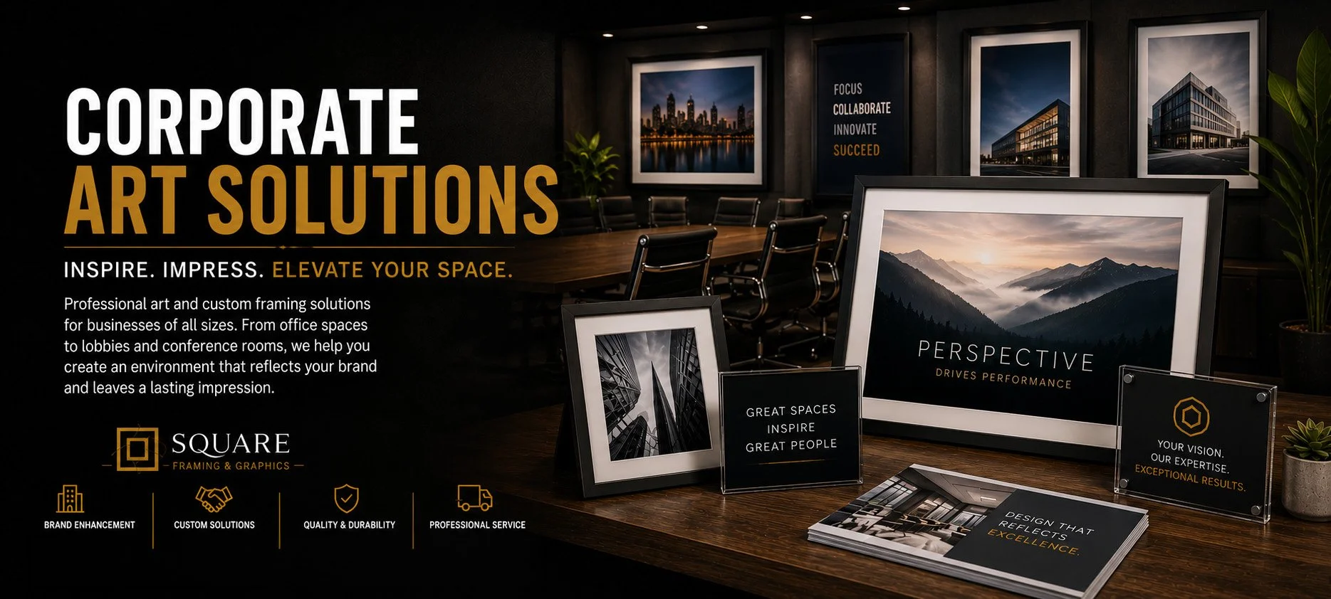 Interior of a conference room with framed art displays and promotional signs for Square Framing & Graphics, showcasing modern buildings, mountain landscapes, and abstract architecture, with text highlighting services like custom solutions, quality, a