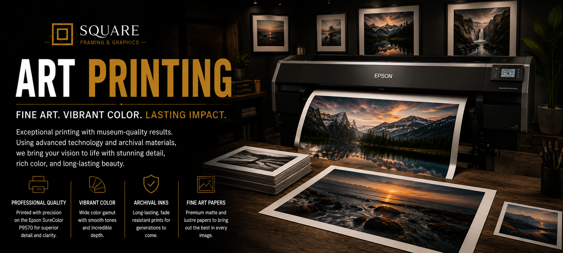 Epson wide-format printer printing vibrant landscape photographs in a dark room with multiple framed landscape pictures on the wall.