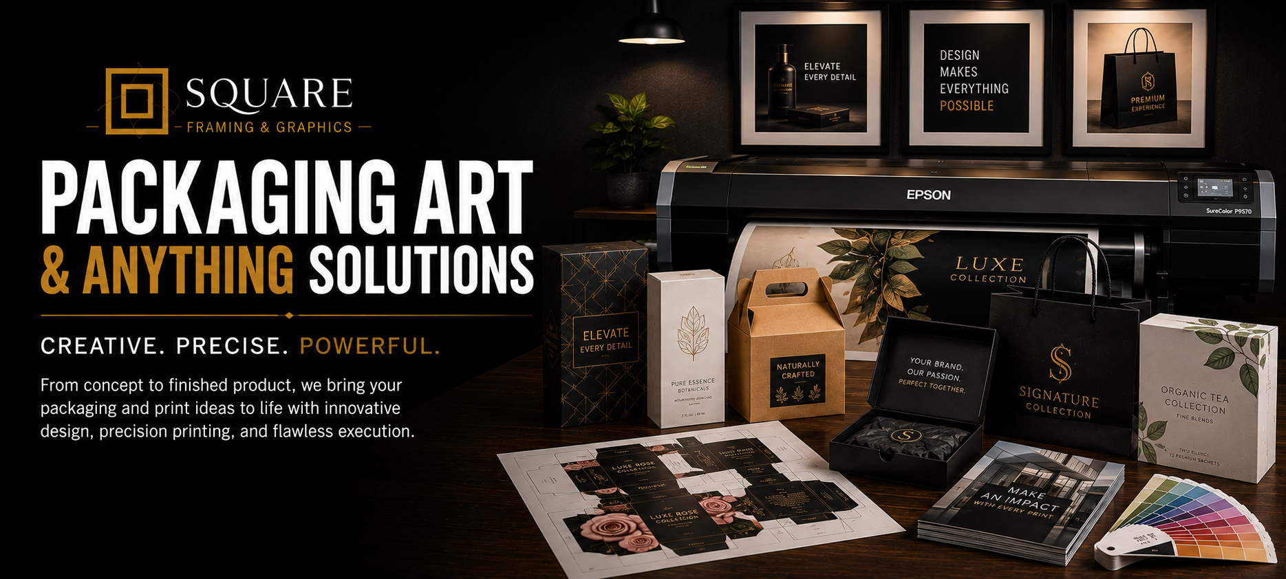 A printing machine printing packaging designs, surrounded by printed packaging samples, color swatches, and branding materials for a creative packaging solutions company.