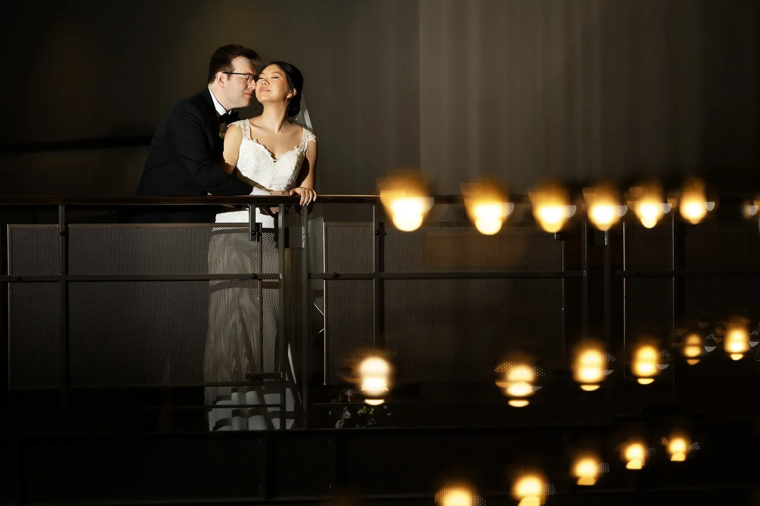 Bride an groom embracing inside Calvary Church in Grand Rapids, Michigan