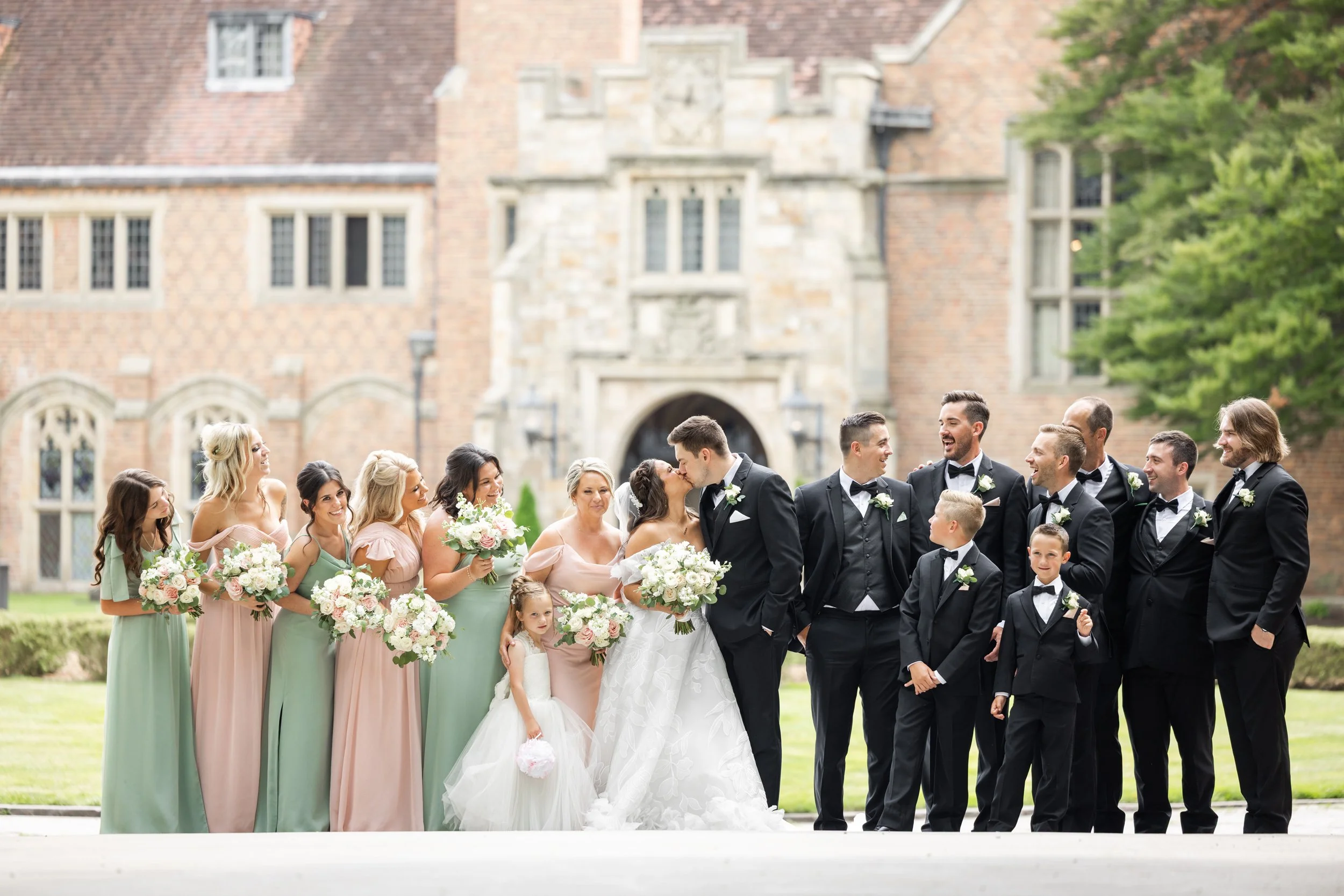 Full Bridal Party Portrait Outside Meadow Brook Hall in Rochester, Michigan