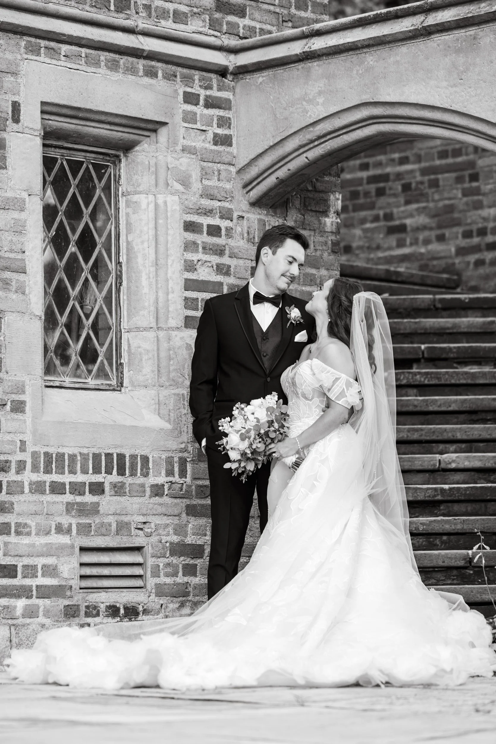 Black and White Portrait of Bride and Groom at Meadow Brook Hall