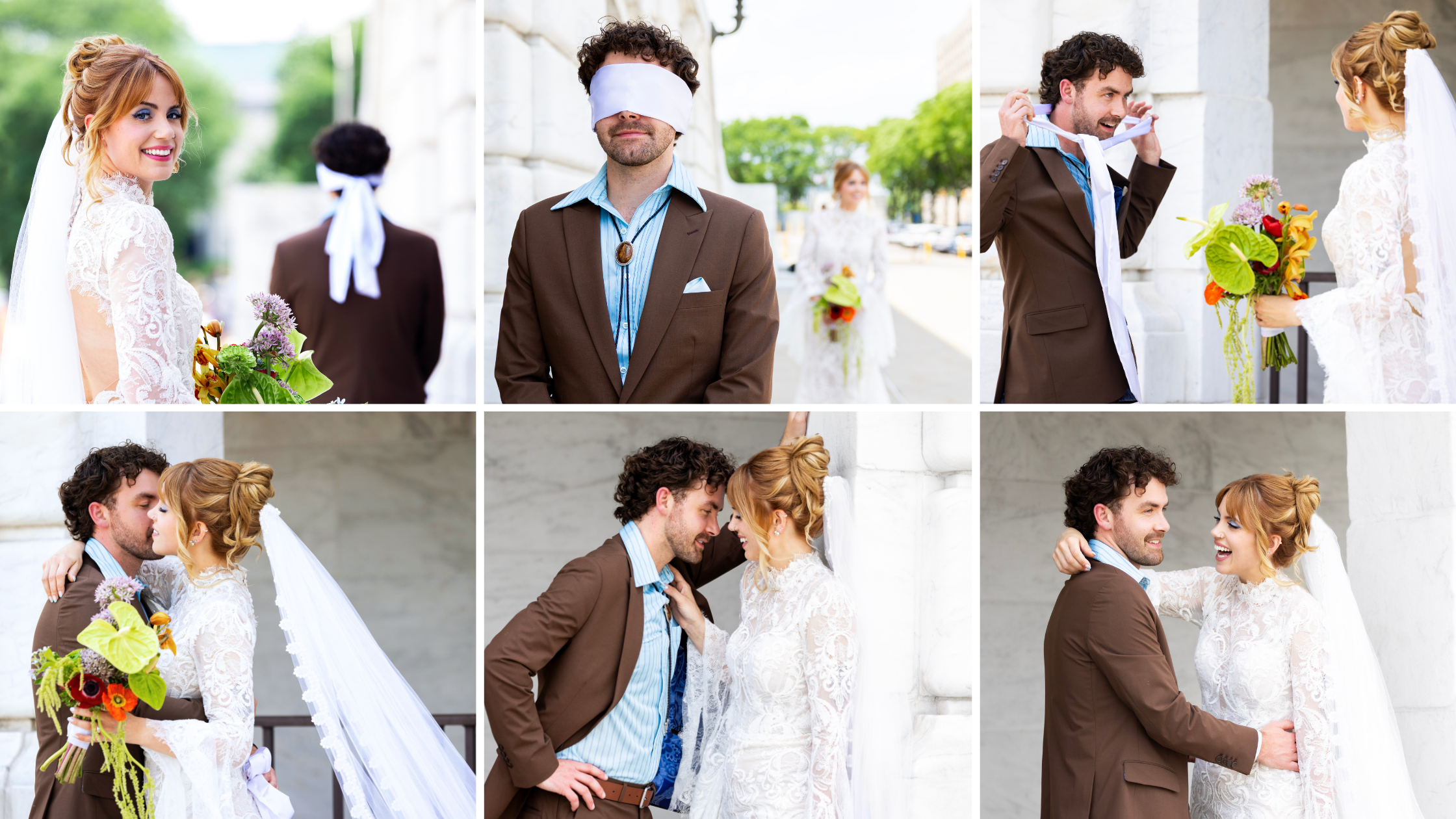 Collage of wedding photos from a bride and groom's "first look" outside the DIA in Detroit, Michigan