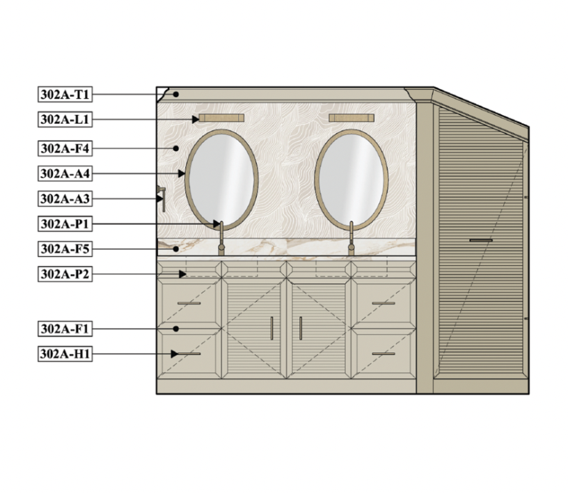 Line drawing of a bathroom vanity with two oval mirrors, multiple labeled cabinets and drawers, and a backsplash, with a sloped ceiling on the right side.