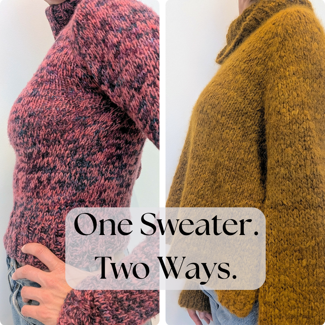 a split screen photo shows a woman's profile twice, wearing the same sweater made with different yarn and different pattern gauge. the text overlay says One Sweater. Two Ways.