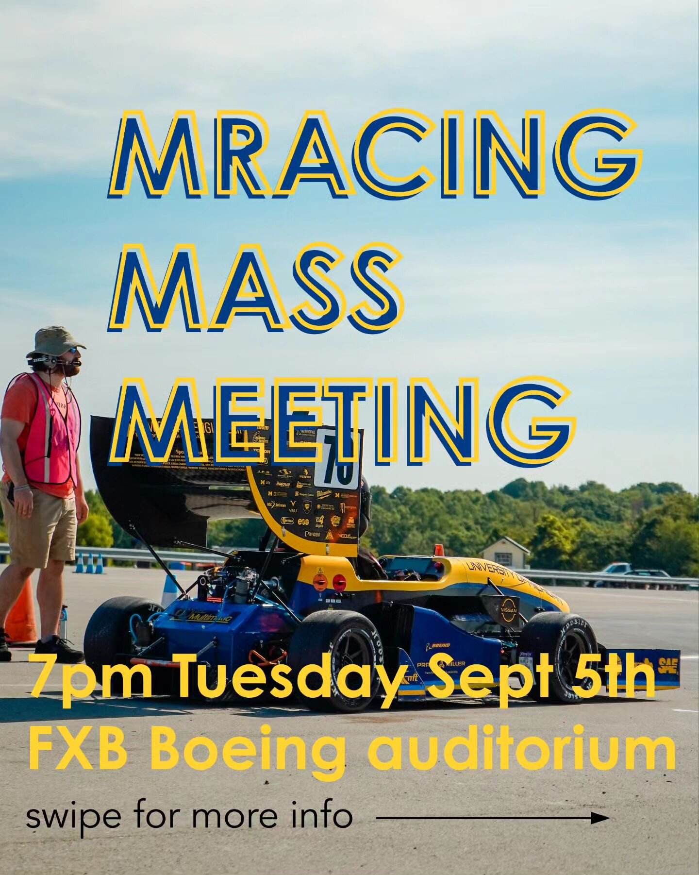 ATTENTION ALL NEW MEMBERS! 
Are you interested in joining MRacing?
Do you want to know more?
If the answer is yes then head to our mass meeting at 7pm Tuesday (that's tomorrow!)
I look forward to seeing you all there!